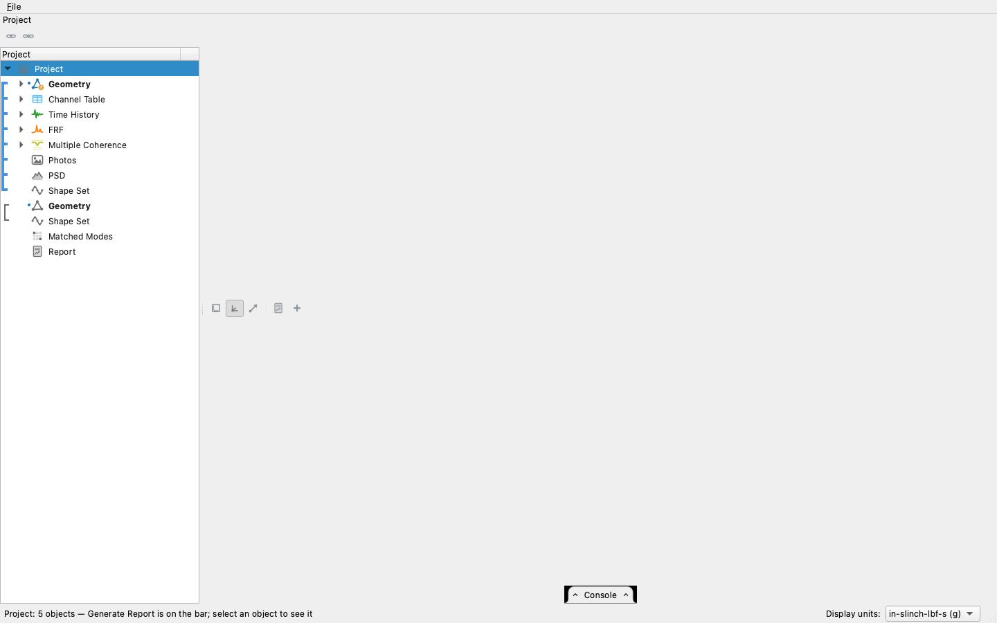The project row selected: the panes clear, and Generate Report and New Geometry are on the bar